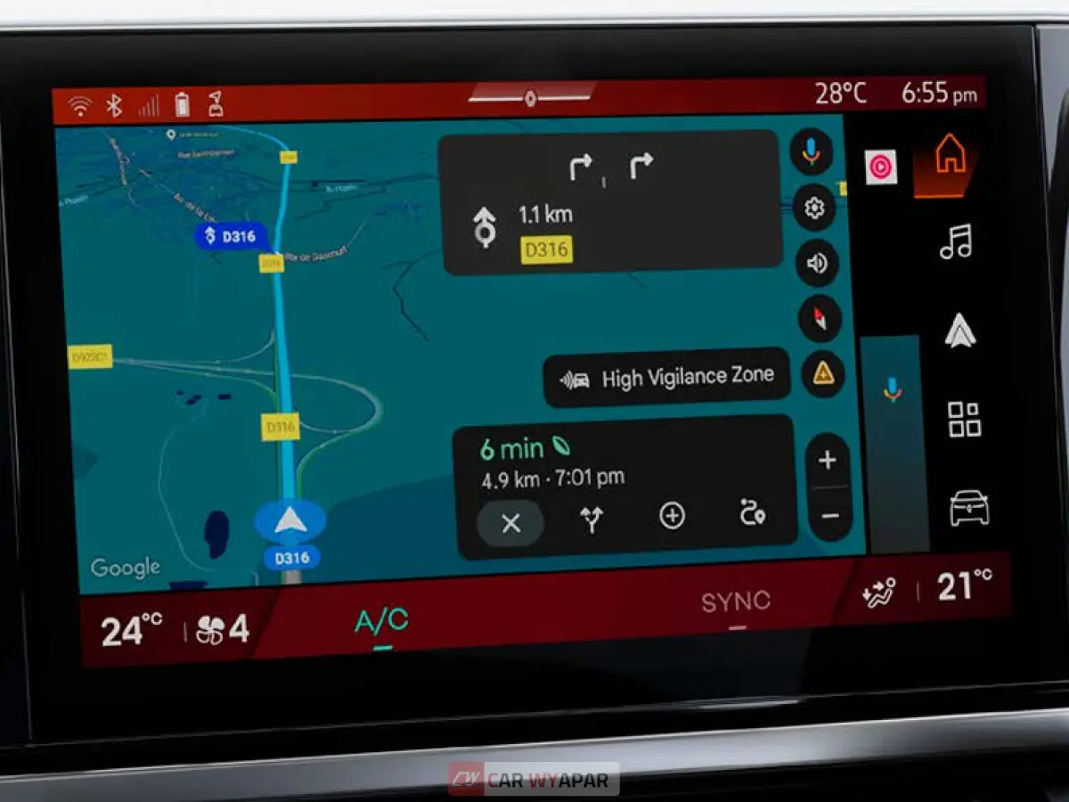 The Duster's digital interface displaying Google Maps navigation and voice command prompts for hands-free control.